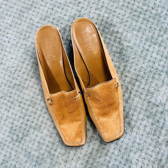Vintage Y2K Calf Hair Warm Brown Leather Square Toe Mule Heels Franco Sarto - Picture 3 of 7